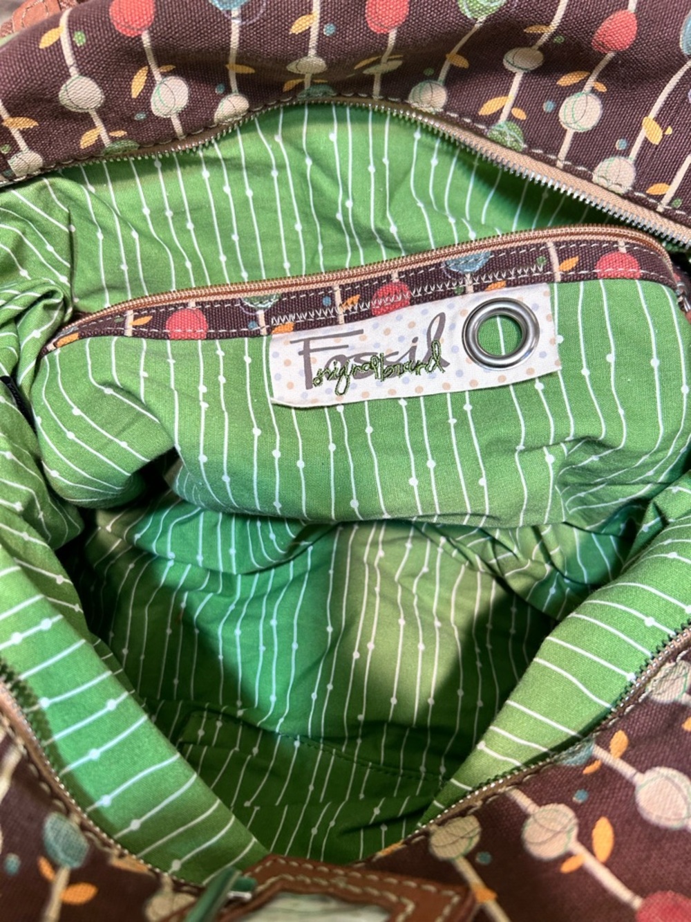 Fossil Brown Canvas Tote with Colorful Dot Stem Print and Green Lined Interior - Picture 8 of 9